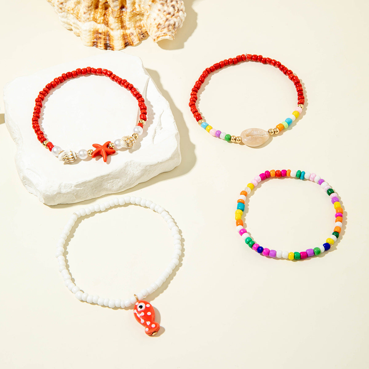 Wholesale 10pcs/pack Bohemian style colorful rice beads starfish shell four-layer foot ornament anklet